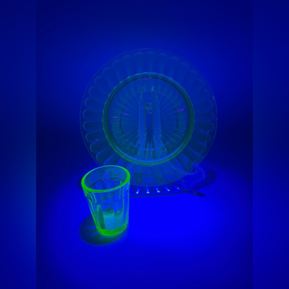 Vintage Uranium Green Ribbed Glass Shot Glass and Snack‎ Plate
